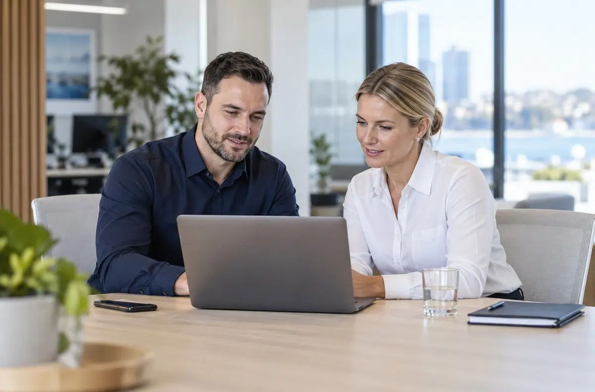 IT consultant and business manager reviewing a laptop in a bright office