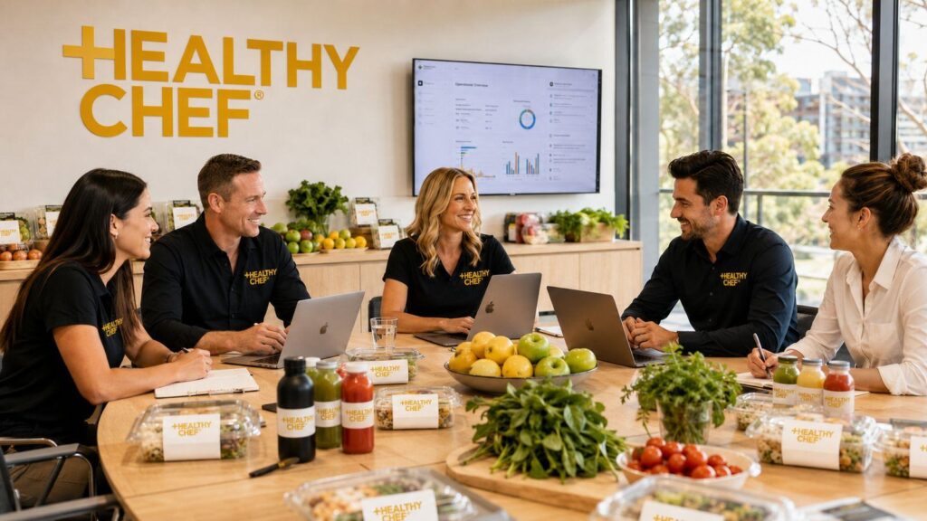 Healthy Chef team collaborating in a modern office with laptops and fresh food products