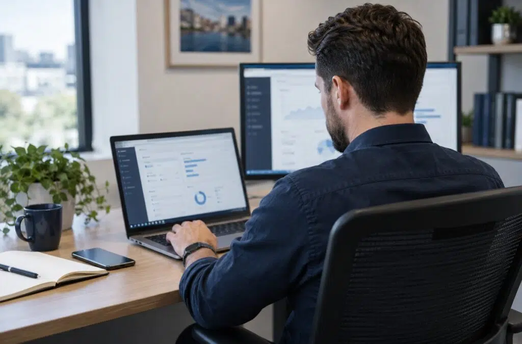 IT professional reviewing security settings on a laptop and monitor