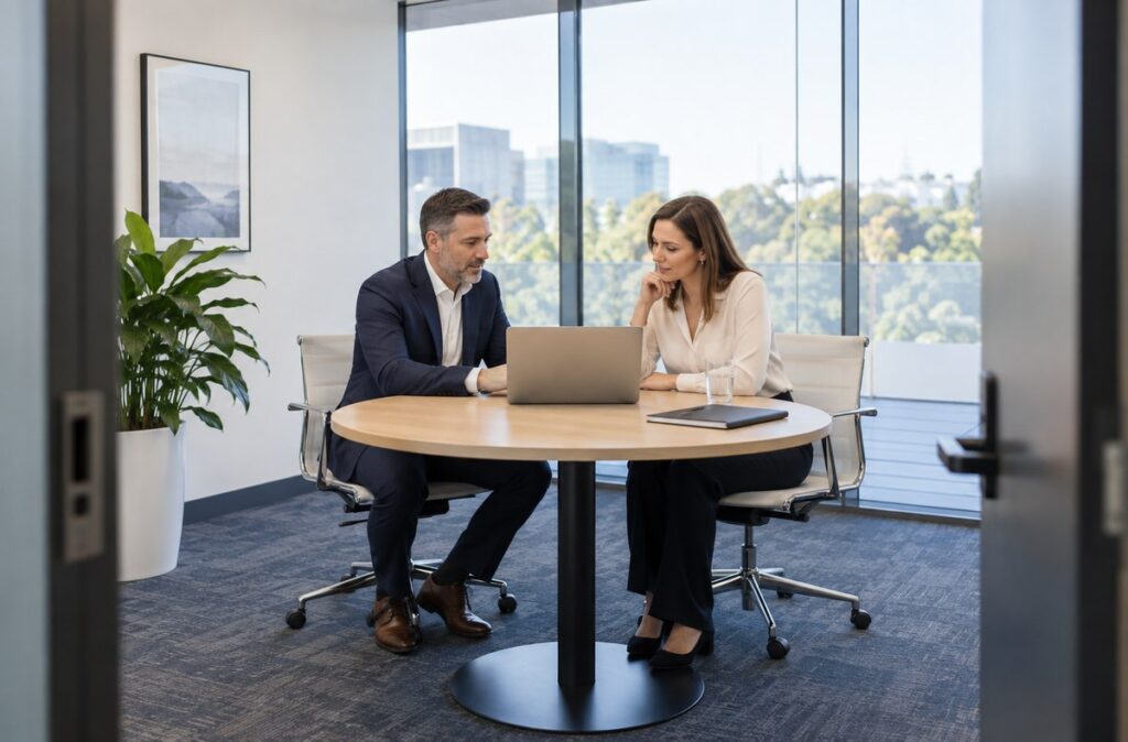 Consultant and business manager discussing assessment scope in a meeting room