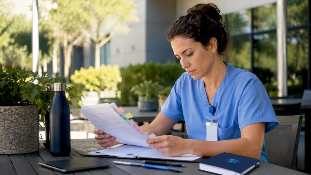 Healthcare professional reviewing DISP level documents