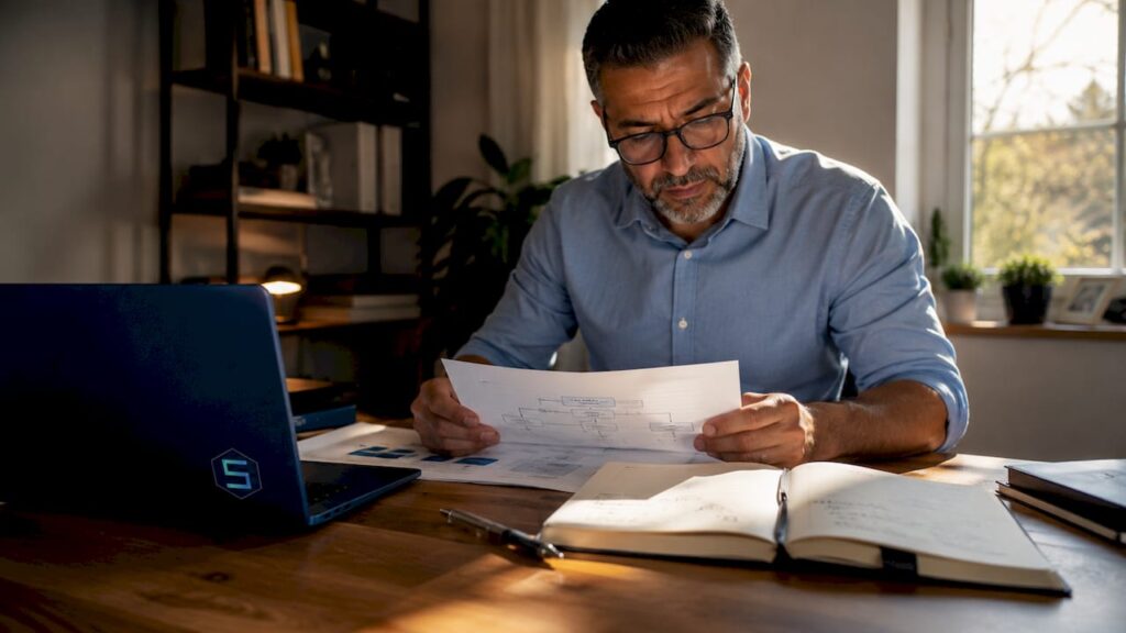 IT manager reviewing disaster recovery plans at desk
