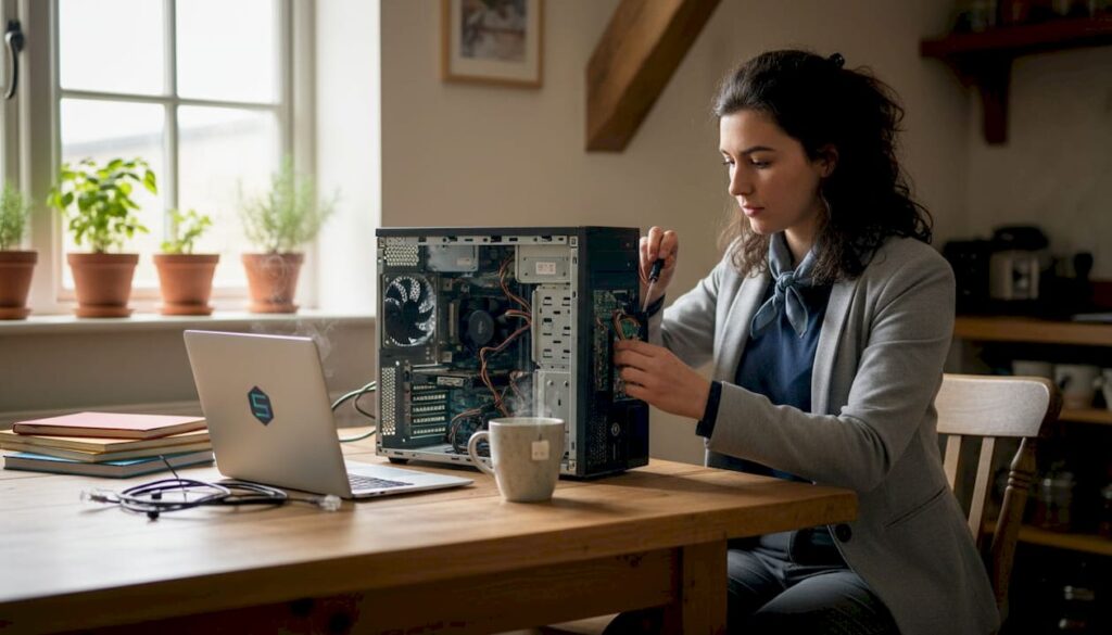 IT technician repairing computer in small office