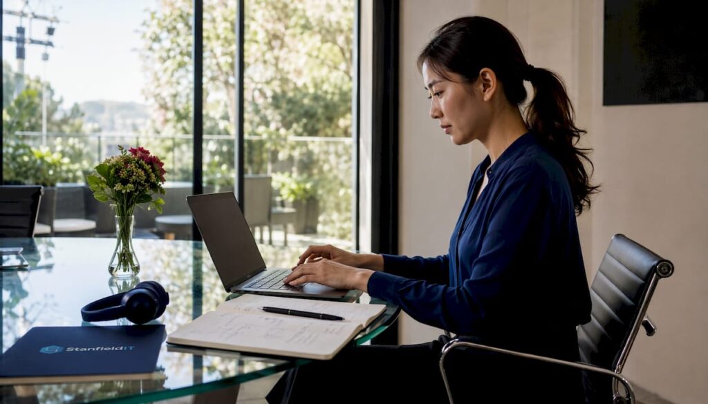 Female cybersecurity consultant working in Mosman office