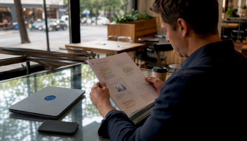 Business analyst reviewing AI automation report in Sydney office