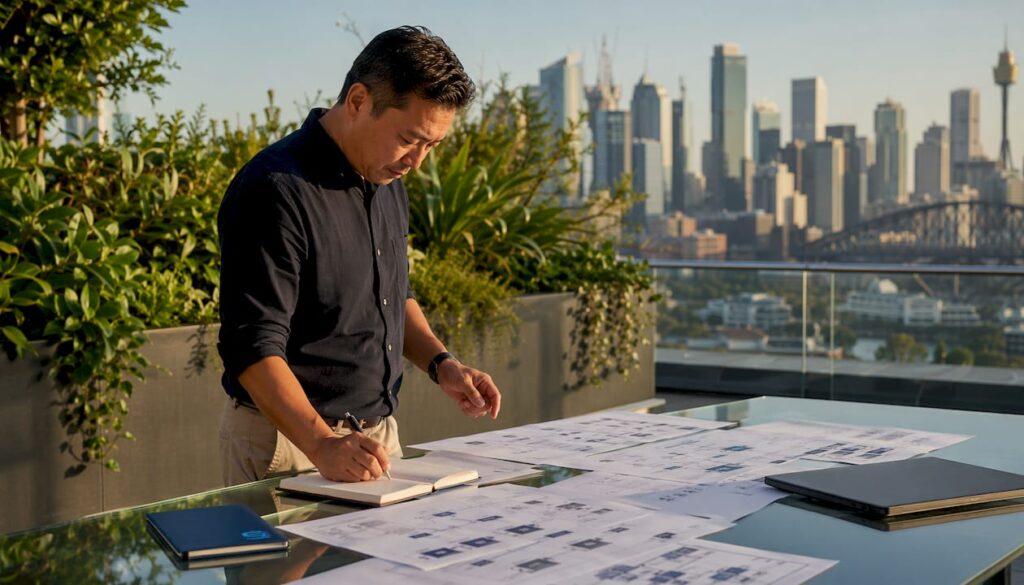 IT consultant reviewing documents in Sydney office
