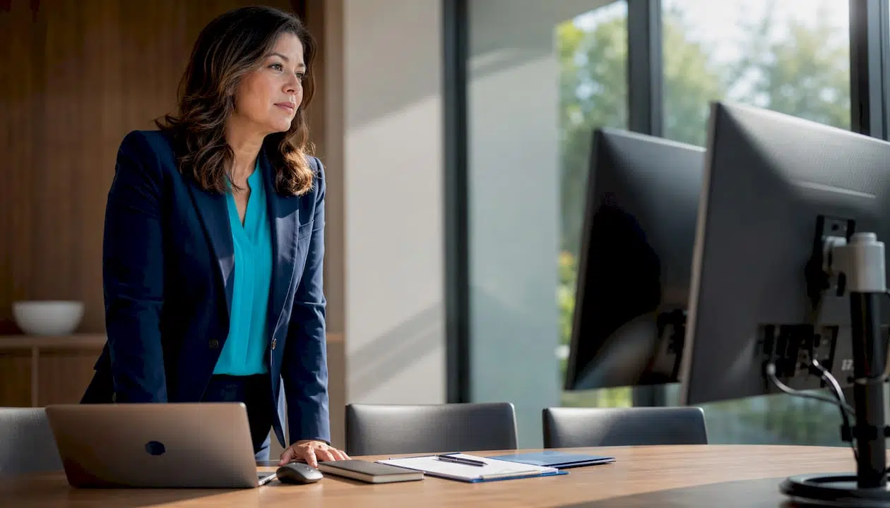 IT manager using security dashboards at desk