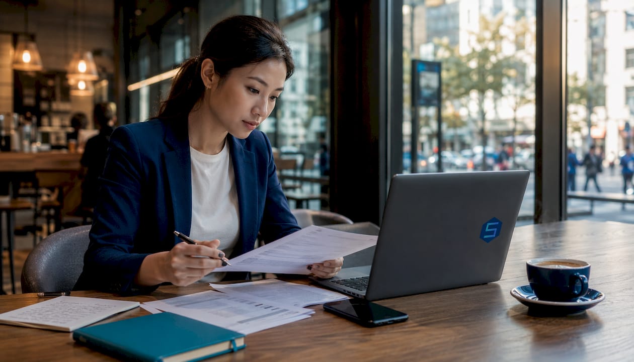 IT specialist reviewing migration checklists on laptop