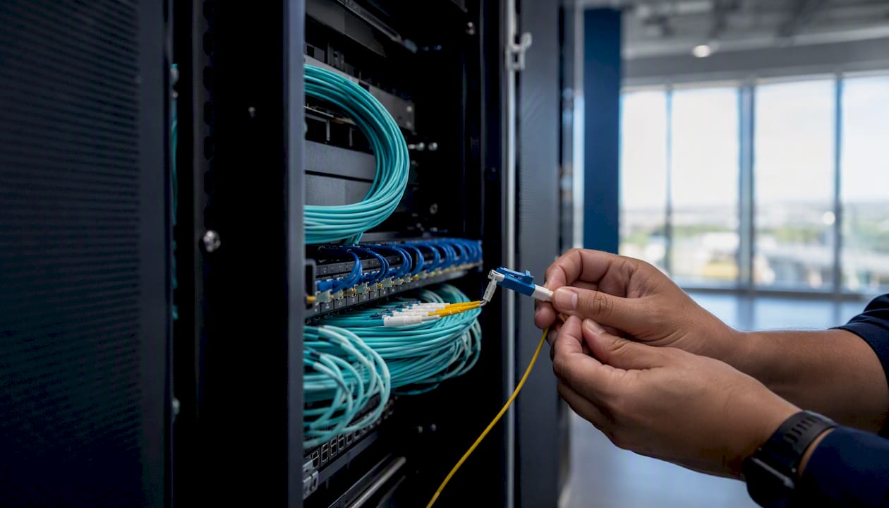 Hands connecting fiber optic cable in data rack