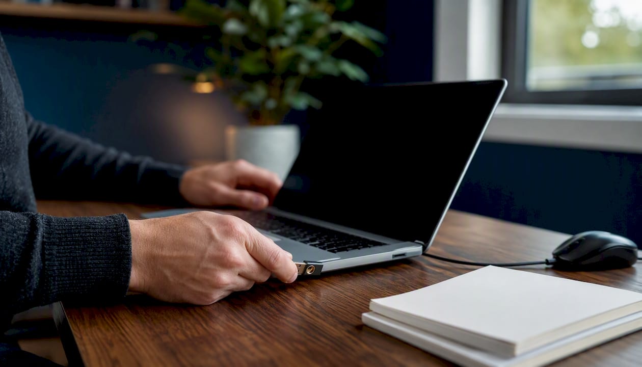 Hands inserting USB security key into laptop