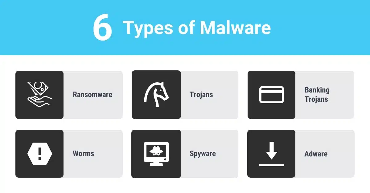 An image showing 6 types of malware that can affect businesses.