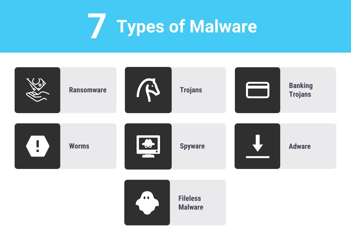 An image showing 7 types of malware; including ransomware, trojans, banking trojans, worms, spyware, adware, and fileless malware.