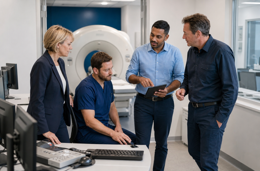 Radiographer and practice manager walking through a modern imaging centre ready to open