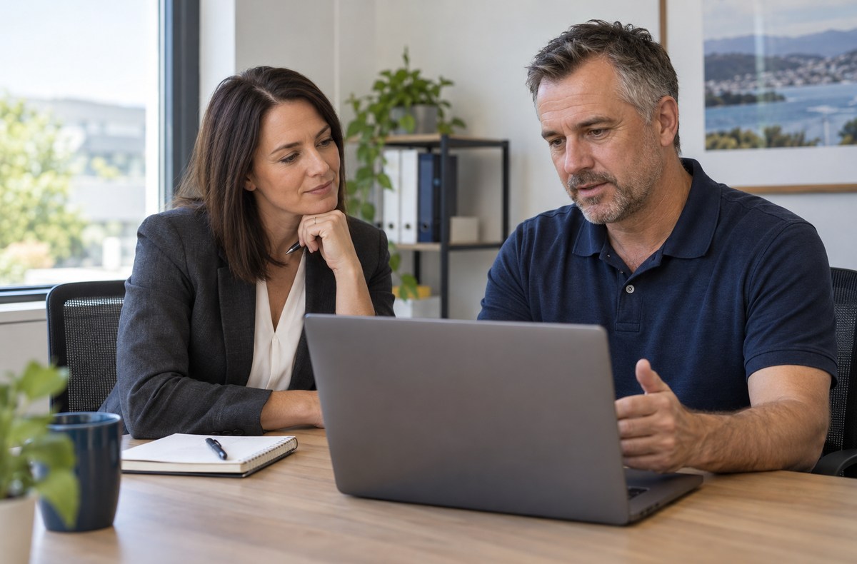 Illustrative scene of a security specialist and business manager discussing risk at a desk