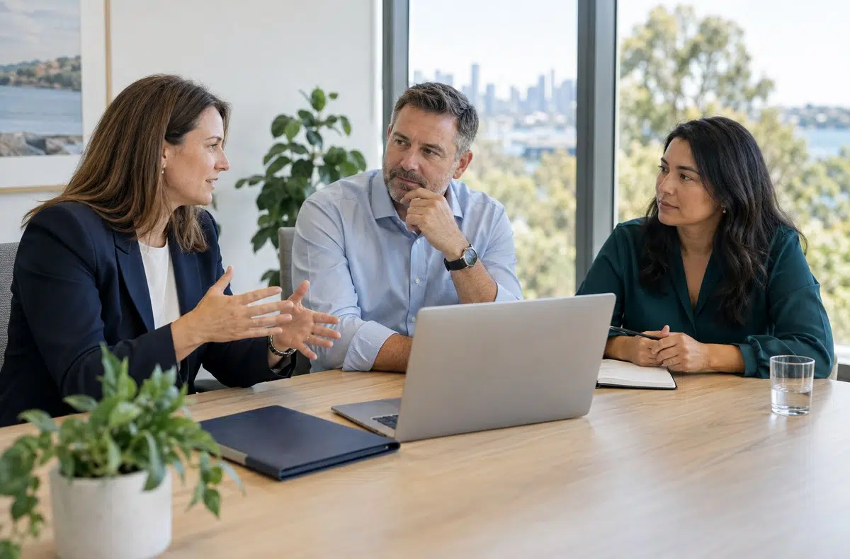 Illustrative scene of business leaders comparing cybersecurity firms in Australia