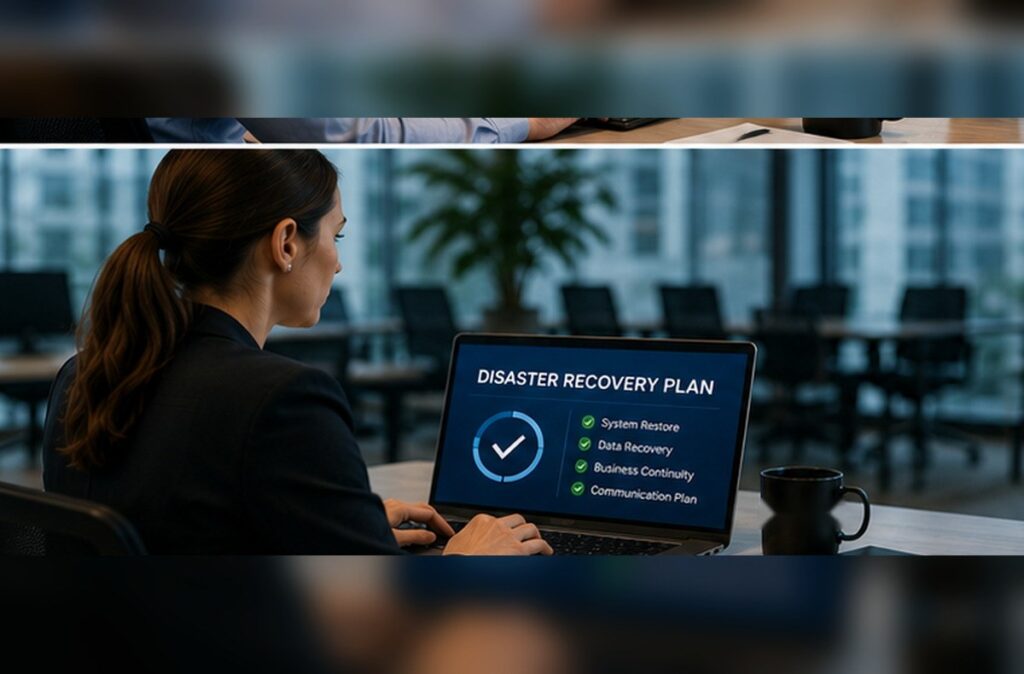 Stanfield IT consultant reviewing a disaster recovery plan on a laptop. Backup & Disaster Recovery