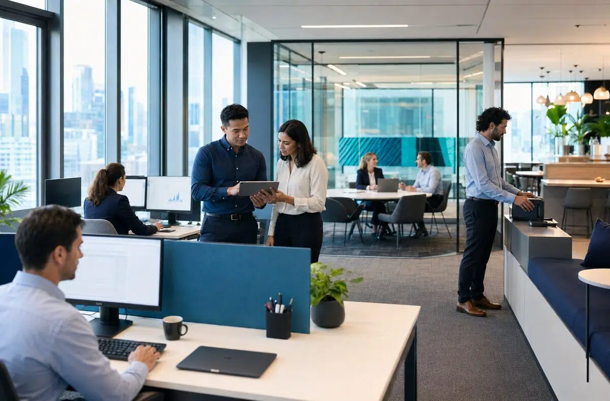 Professional team working in a newly relocated office after a seamless IT move
