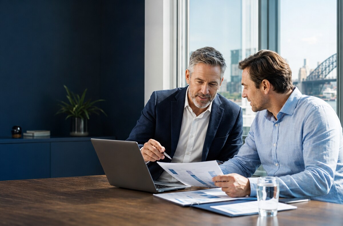 Cyber security consultant reviewing service pricing with an Australian business leader in Sydney