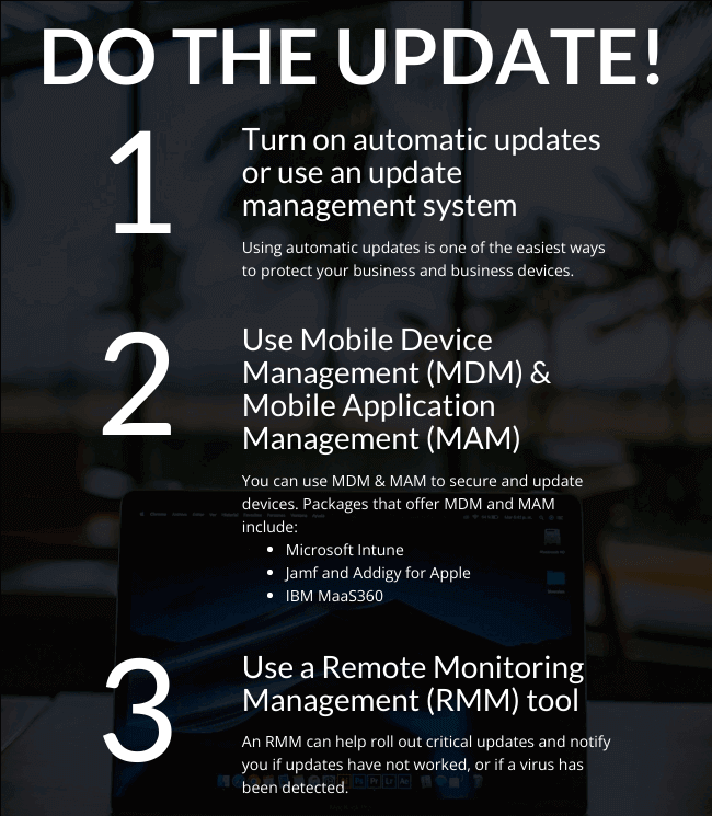 An info graphic with advice on automatic updates and update management systems.