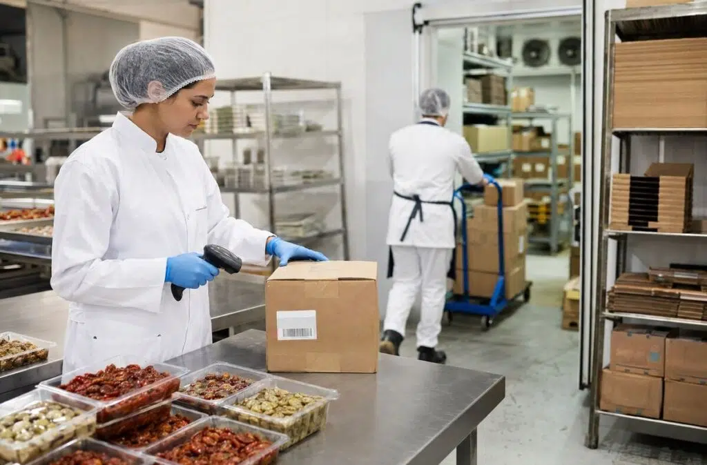 Food production worker scanning stock as it moves between production, storage and dispatch areas