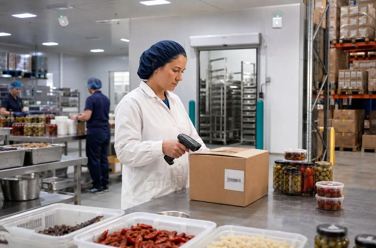 Food production worker using a wireless barcode scanner across a connected production and warehouse workflow