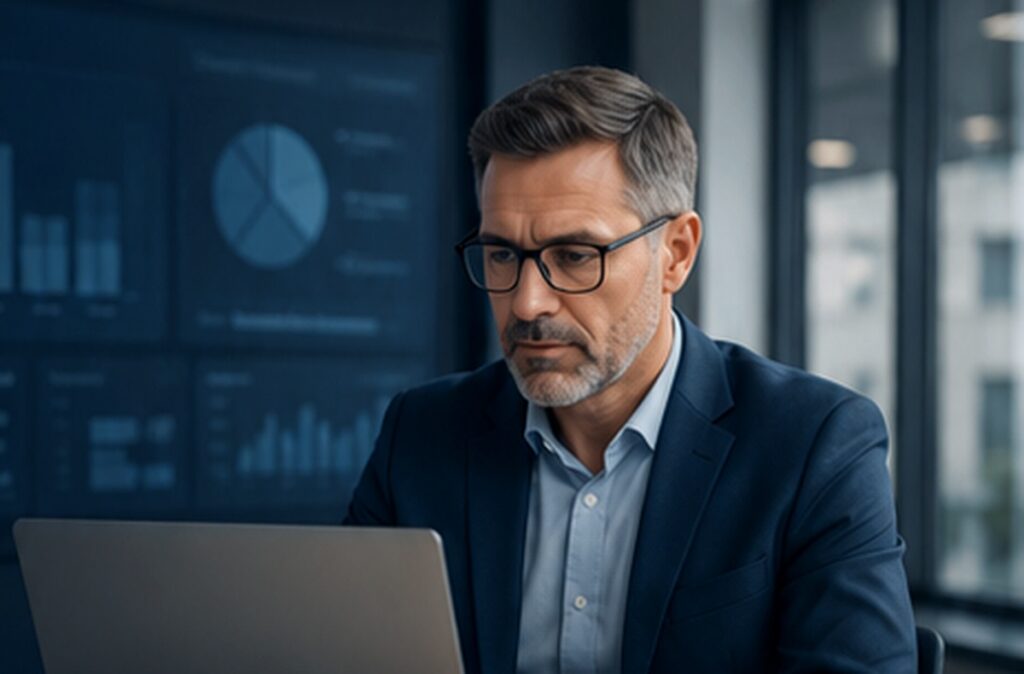 Executive reviewing IT performance dashboards in a modern office. Executive Reporting & Metrics