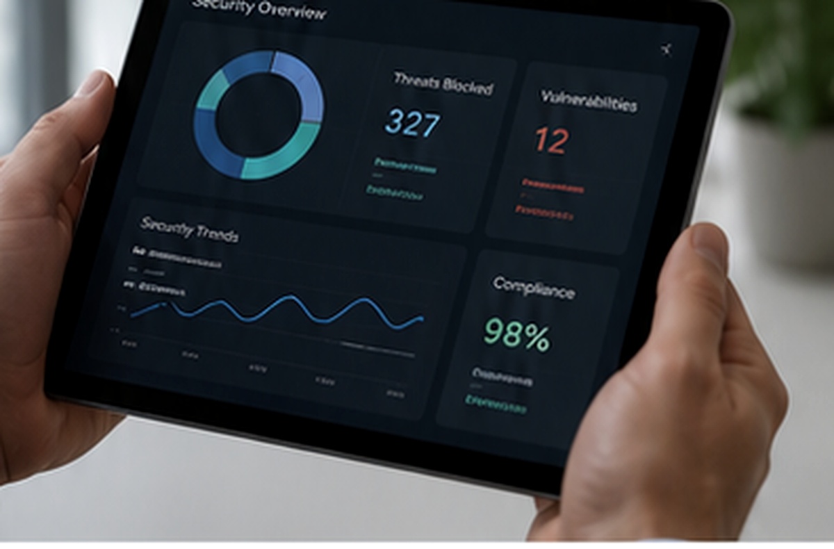 Tablet showing risk and compliance reporting for ongoing IT improvement. Executive Reporting & Metrics - Productivity as a Service - Productivity as a Service - Productivity dashboard and workflow improvement