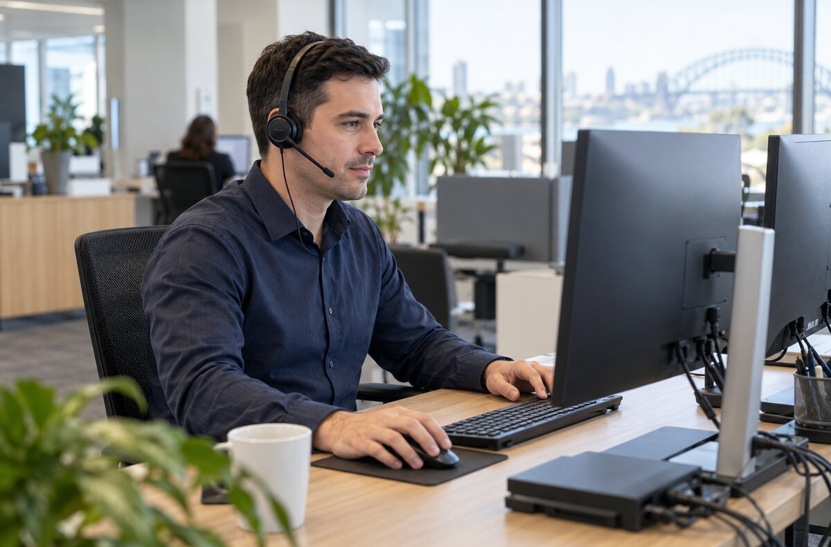 IT support technician wearing a headset and working at a dual-monitor desk