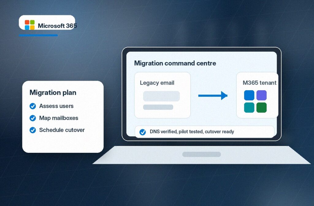 Microsoft 365 migration planning dashboard showing email, DNS and cutover tasks. Microsoft 365 Support & Migration