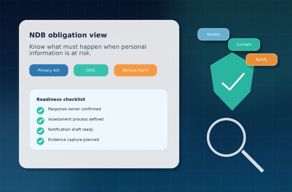 NDB readiness checklist showing assessment, containment and notification steps. Notifiable Data Breaches Readiness