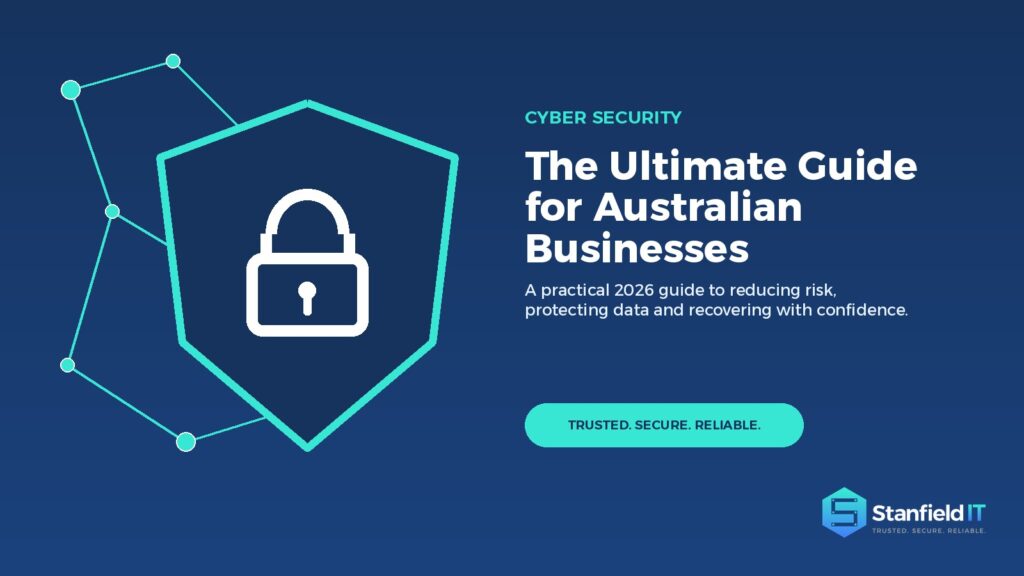 Cyber security ultimate guide for Australian businesses with a shield protecting connected business systems