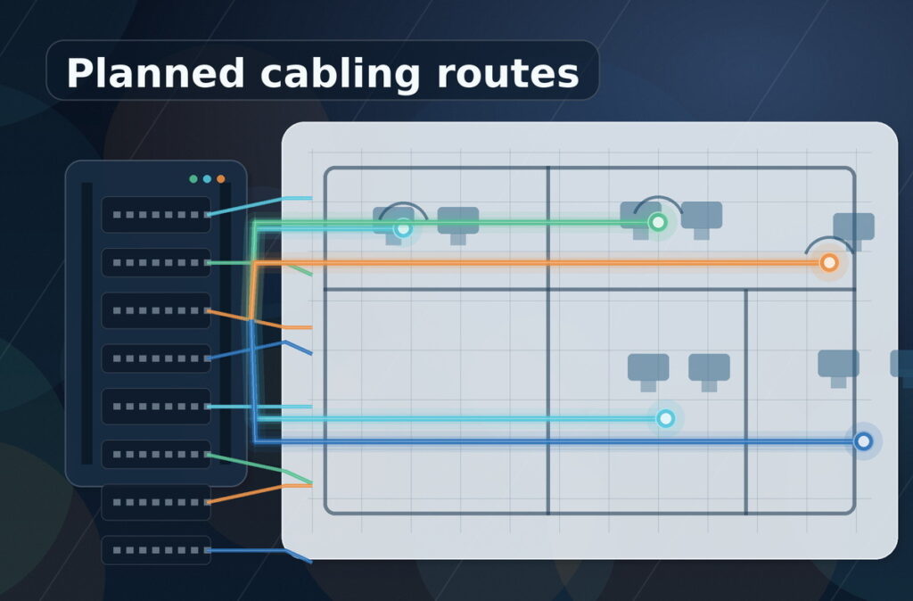 Network floor plan with planned cable routes from a communications rack to office workstations and wireless access points. Structured Cabling Services