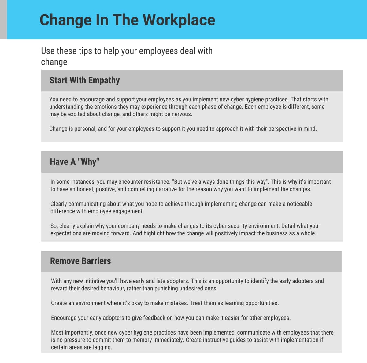 An image that has tips on how to implement organisational change effectively.