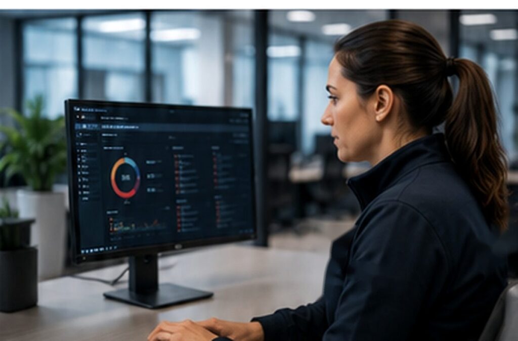 Cyber security consultant reviewing vulnerability scanning dashboard for continuous discovery. Vulnerability Management
